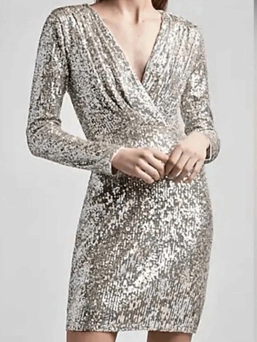 Express Silver Sequin V-Neck Long Sleeve Wrap Mini Dress
